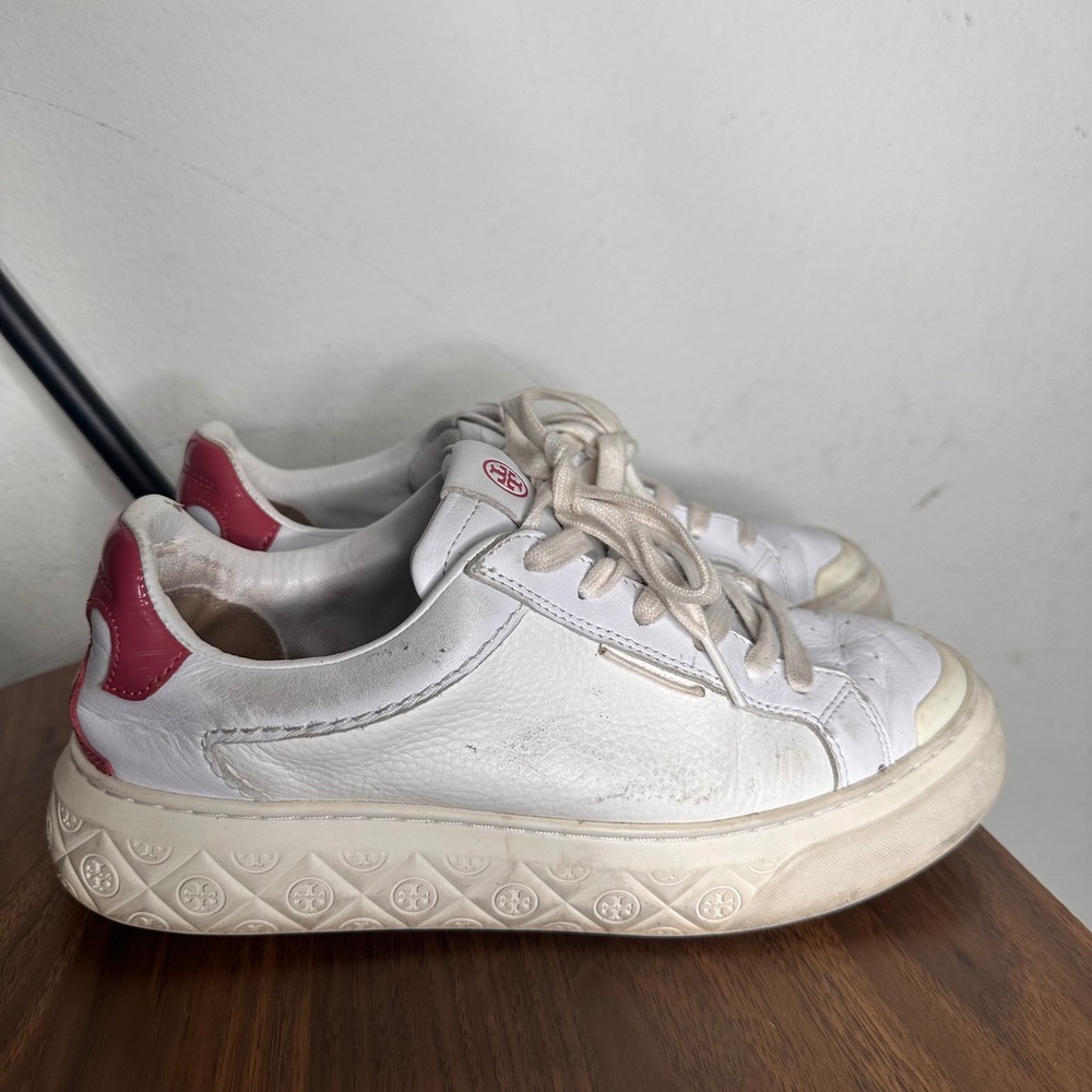 Tory Burch Ladybug White Leather Platform Sneakers Pink Accents Womens‎ 8.5